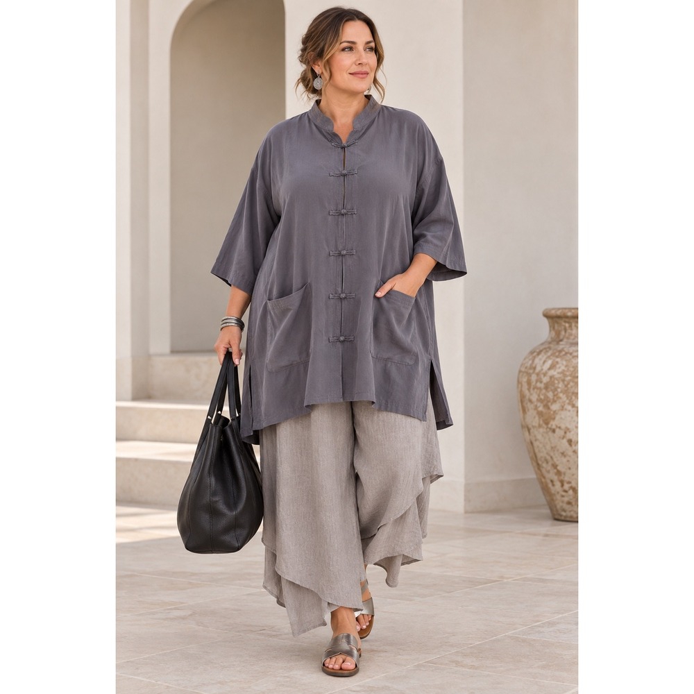 Asian 100% Silk Kimono Tunic XXL Frog Buttons Mandarin Collar Lagenlook Minimal